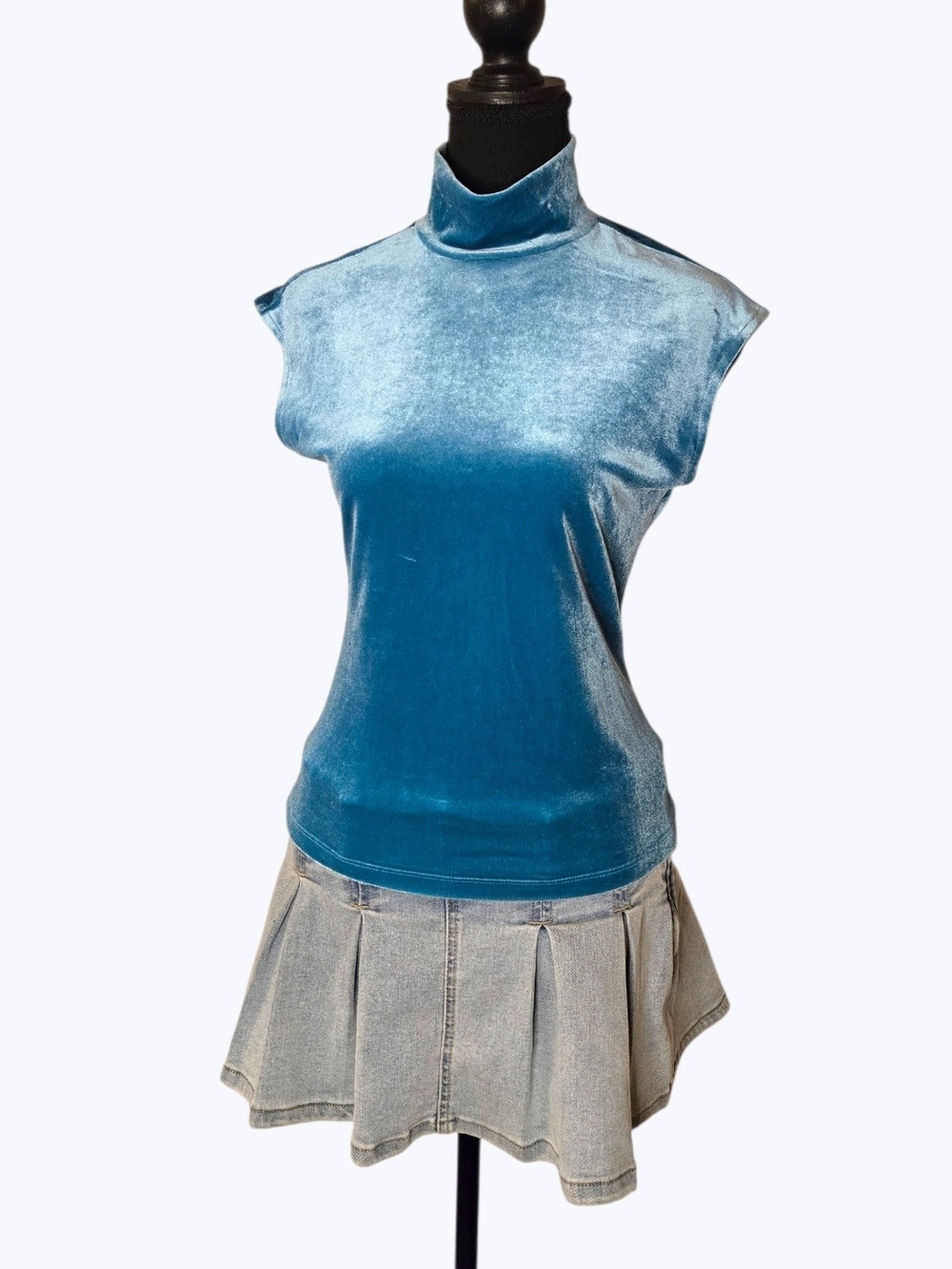 Y2k The Limited Teal Velvet Mock Neck Cap Sleeve Top!